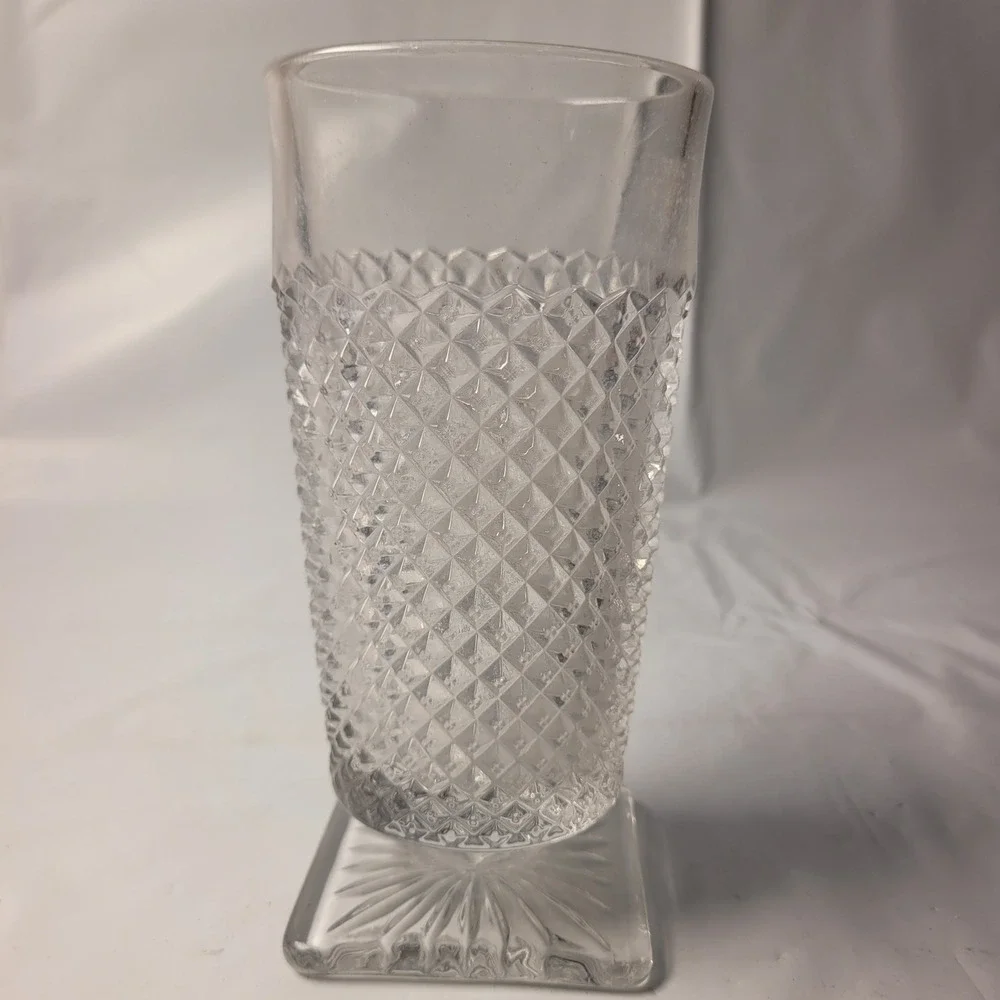 Vintage Imperial Glass Diamond Point‎ Clear Footed Tumbler Square Base 12oz